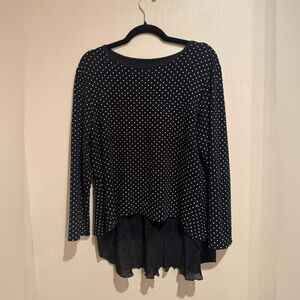 YDOC Black and White Polka Dot Blouse with sheer black back ruffle